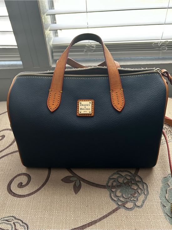 Dooney & Bourke Handbags - Dooney & Bourke Navy Leather Satchel with Tan Trim and Handles